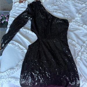 Lulu's Black Sequin One Shoulder Dress